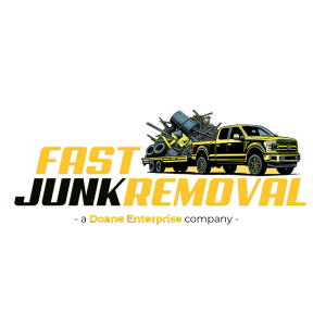 Logo for Fast Junk Removal featuring a yellow truck hauling a trailer loaded with debris, with yellow and black text.