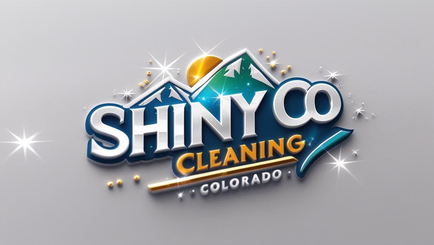 Logo for Shiny Co Cleaning Colorado, featuring stylized mountains, a golden sun, and sparkly effects on a grey background.